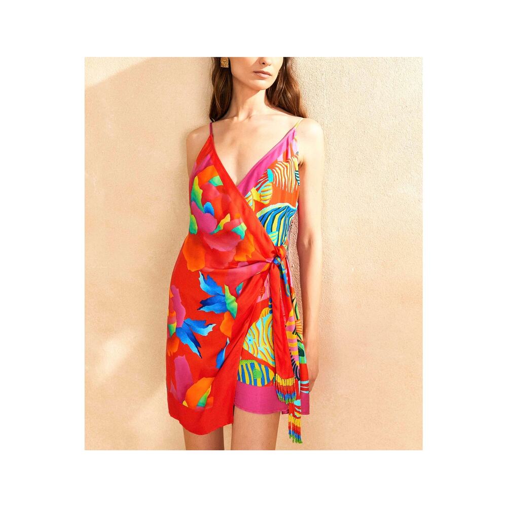 Farm Rio Mixed Pink 'Ombre Chita Lenzing Ecovero' Scarf V Neck Mini Dress Size